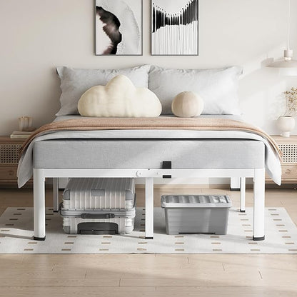 18 Inch Queen Size White Bed Frame, 3500Lbs Heavy Duty Metal Platform with Round Corner Legs Mattress Slide Stopper, Steel Slat Support No Box Spring Needed, Noise Free, Easy Assembly
