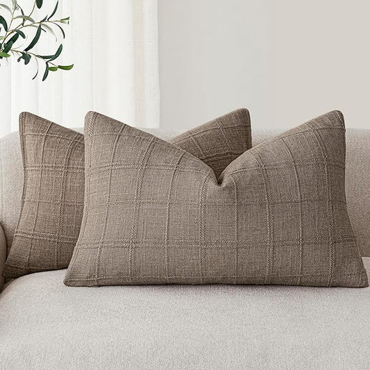 Foindtower Set of 2 Decorative Linen Check Throw Pillow Covers Neutral Farmhouse Lumbar Cushion Covers Modern Boho Home Decor for Sofa Chair Couch Bedroom Living Room Outdoor,12×20 Inch,Tan Taupe