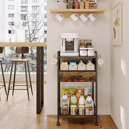 Small Coffee Bar Cart with Drawer Srorage, Coffee Bar Station Organizer Mug Cup Holder Stand, 3-Tier Coffee Table for Home Buffets & Sideboards, Office Coffee Station for Kichen, Entryway, Living Room