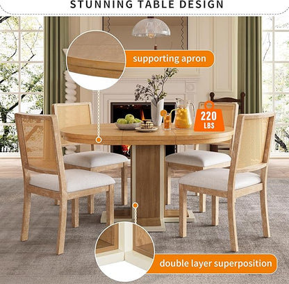 Ball & Cast Farmhouse Extendable Dining Table for 4-6, 42"-58" Extendable Kitchen-Table with a 16" Leaf, Round Ellipse Retro Wood Dining Room-Table w/Double Layer Base,Two Tone Color, Natural