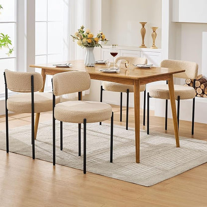 Dining Chairs Set of 4, Beige Boucle Dining Chair, Curved Backrest Upholstered Dining Room Chairs with Black Metal Legs, Mid Century Modern Dining Chairs for Kitchen, Living Room, Beige