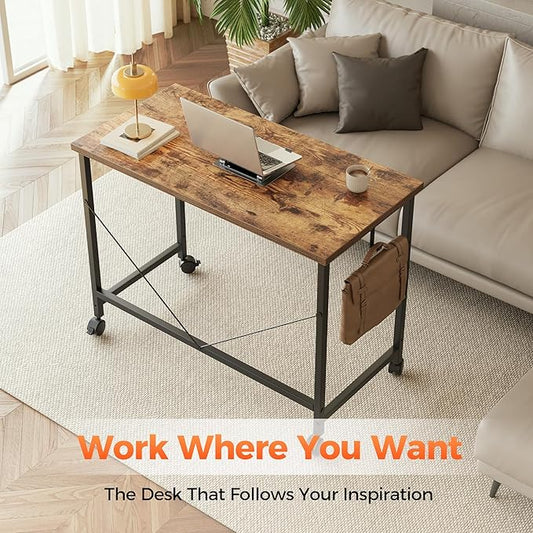 Rolling Computer Desk with Wheels, Gaming Desk for Small Spaces, Modern Simple Style Table for Home Office, Study Writing Table (Caster, Rustic Brown, 48 inch)