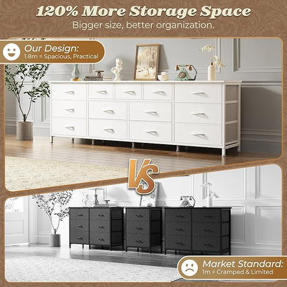 Huuger 70 Inch White Dresser for Bedroom, TV Stand for 65, 75, 80 Inch TV, 13 Fabric Drawer Long Dresser, Wide Chest of Drawer, Storage Units for Bedroom