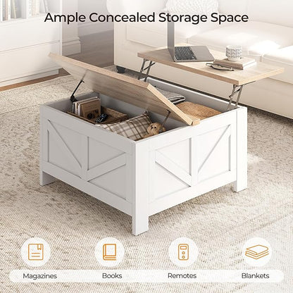 Yaheetech Farmhouse Lift Top Coffee Table with Storage, Square Coffee Table for Living Room, 31.5 Inches Center Tables with Large Hidden Storage Compartment for Home Office, White & Light Oak