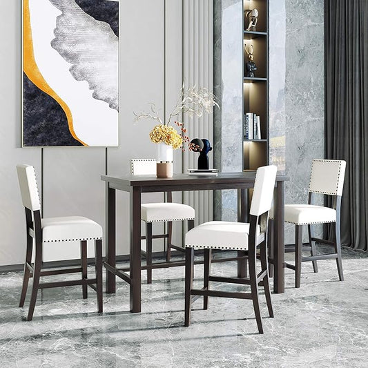 Ball & Cast 5 Piece Dining Table Set,4 Upholstered Chairs with Curved Backrests,Wooden Living Room Furniture W/ 52" Rectangle Kitchen Desk,for Restaurant,Home Bistro,Espresso and Beige