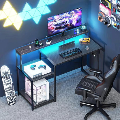 AODK Computer Desk, 48 Inch Gaming Desk with Led Lights & Power Outlet, Office Desk with Storage Shelves, Reversible Desk with Monitor Shelf & Headphone Hook, Carbon Fiber Black