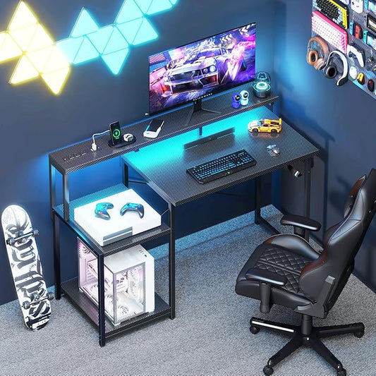 AODK Computer Desk, 48 Inch Gaming Desk with Led Lights & Power Outlet, Office Desk with Storage Shelves, Reversible Desk with Monitor Shelf & Headphone Hook, Carbon Fiber Black