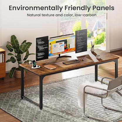 Huuger 63 x 24 inch Desk with Power Outlets & USB-C, Deeper & Thicker Desktop, Robust Metal Tubes, Computer Desk, Heavy Duty Office Desk, Work Gaming Desk, for Home Office, Rustic Brown
