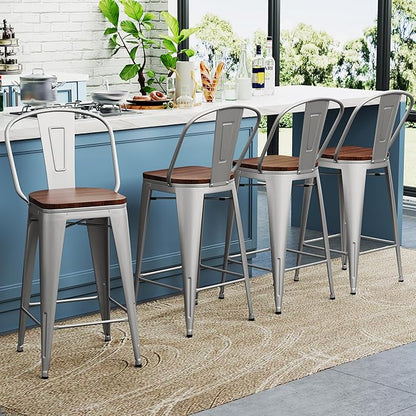 Yongqiang 30 inch Bar Stools Set of 4 Farmhouse Bar Height Stools High Back Kitchen Bar Chairs Silver Metal Barstools with Wooden Seat…