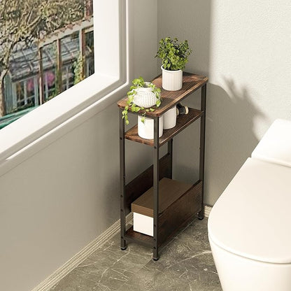 7.1" Narrow Side Table for Small Spaces, 3 Tier Small End Table with Magazine Holder, Slim/Skinny Nightstand/Bedside Table for Living Room, Bedroom, 15.4" L x 24.2" H