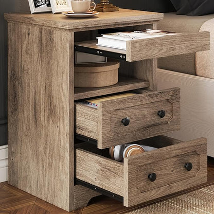 LIKIMIO Night Stand, Modern Bedside Table with 2 Drawers, Open Shelf, End Table with Pull-Out Tray, Wood SideTable, Grey Oak