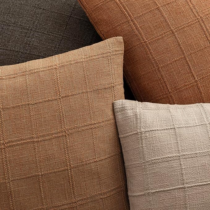 Foindtower Set of 2 Decorative Linen Check Throw Pillow Covers Neutral Farmhouse Vintage Cushion Covers Modern Boho Home Decor for Sofa Chair Couch Bedroom Living Room Outdoor,22×22 Inch,Brick