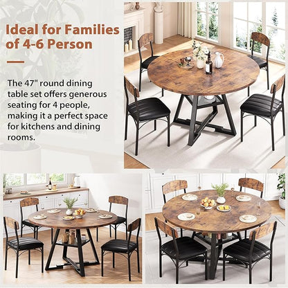 Round Dining Table Set for 4, Kitchen Table and Chairs for 4, Circle Table Round Pedestal Dining Room Dinner Dinette Table Set,5 Piece Space Saving Wood Kitchen & Dining Room Tables Set Furniture