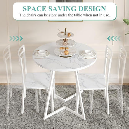 VECELO Small Round Dining Table Set for 2, Wood Tabletop with Strong Metal Frame, Modern Dinette with Chairs for Kitchen, Breakfast Nook Living Room, Faux Marbled & White