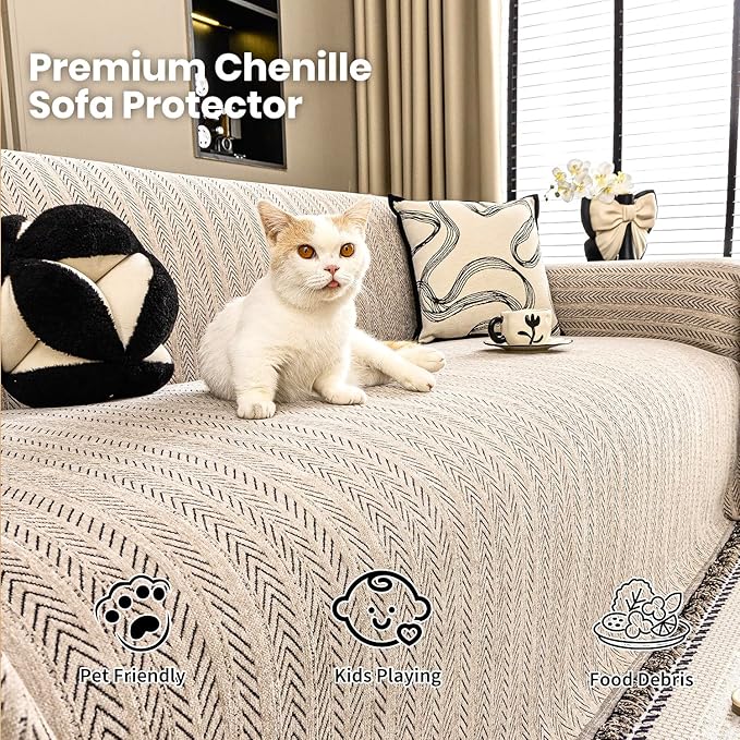 Nobildonna Sofa Cover Washable Soft Thicken Chenille Couch Cover with Tassel,Waterproof Sofa Slipcover for 3-4 Cushion Couch,Sectional Sofa,L-Shaped Furniture Protector Pet-Friendly,Brown 71"x150"