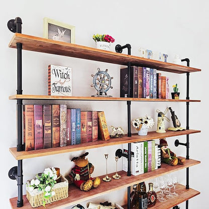 Industrial Ladder Shelf Bookcase, Wall Mounted Rustic Bookshelf, Retro Wood Metal Pipe Industrial Shelves for Living Room(Weathered Brown, 6 Tier - 10" D x 70" W x 82.5" H)