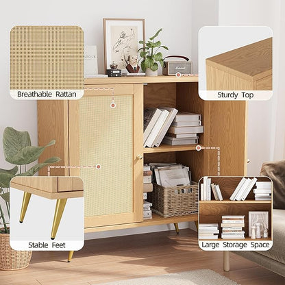 Shintenchi Rattan Buffet Cabinet with Storage, Sideboard Buffet Cabinet with Rattan Decor Doors, Modern Wood Cupboard for Kitchen Living Room Dining Room Hallway Entry, Natural
