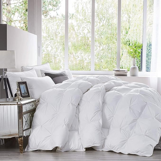 Luxurious All-Season Goose Down Fiber Waterfowl Feather Fiber Comforter King Size Duvet Insert, Exquisite Pinch Pleat Design, Premium Baffle Box, 100% Cotton Cover, 65 oz. Fill Weight, White Color