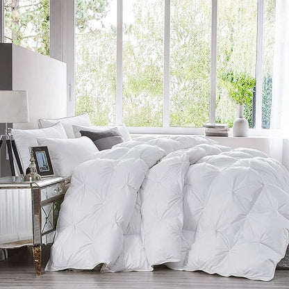 Luxurious All-Season Goose Down Feather Fiber Comforter Queen Size Duvet Insert, Exquisite Pinch Pleat Design, Premium Baffle Box, 100% Egyptian Cotton Cover, 55 oz. Fill Weight, White