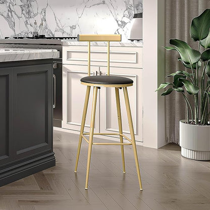 Bar Stools, Set of 2 High Kitchen Barstools, Bar Chairs with Backrest and Footrest, Industrial Counter Stools with PU Soft seat, for Kitchen, Living Room, Pub, Gold Color BS-012GC