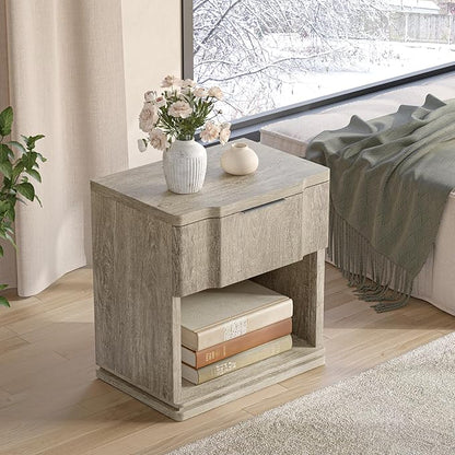 Night Stand with Charging Station, Wooden Mid Century Modern Nightstand with Drawer, Bed Side Table with Storage, Large Rustic Farmhouse End Tables for Bedroom Living Room Office