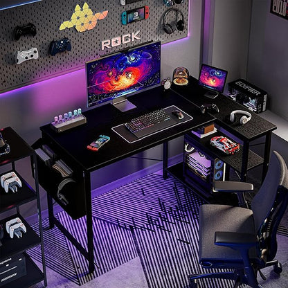L Shaped Computer Desk with Reversible Shelves, 40 Inch Small Corner Desk with Storage Bag, Gaming Desk Computer Table Study Writing Table for Home Office Bedroom Small Space, Black
