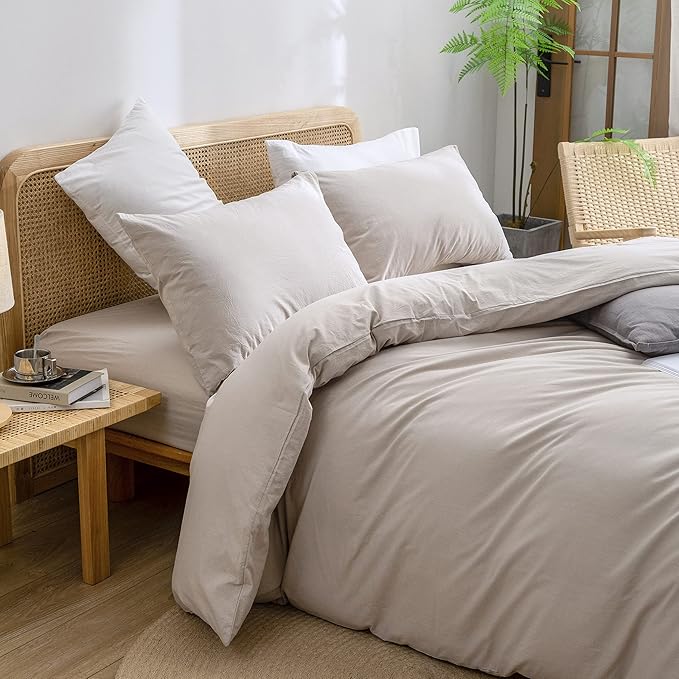BESTOUCH Duvet Cover Set 100% Washed Cotton Linen Feel Super Soft Comfortable Chic Lightweight 3 PCs Home Bedding Set Solid Linen Grey Oversized Queen