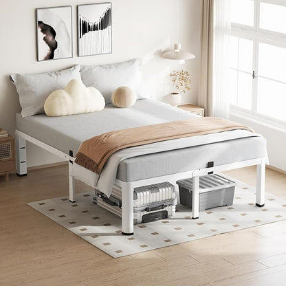 18 Inch Queen Size White Bed Frame, 3500Lbs Heavy Duty Metal Platform with Round Corner Legs Mattress Slide Stopper, Steel Slat Support No Box Spring Needed, Noise Free, Easy Assembly