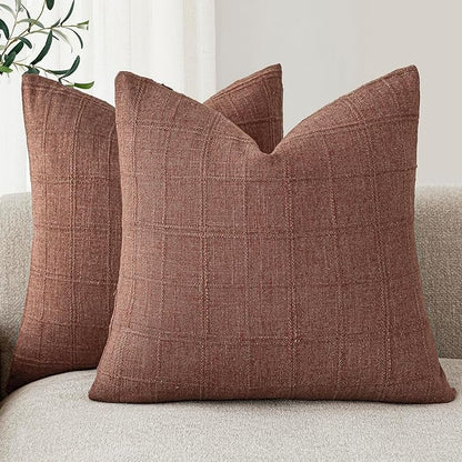 Foindtower Set of 2 Decorative Linen Check Throw Pillow Covers Neutral Farmhouse Vintage Cushion Covers Modern Boho Home Decor for Sofa Chair Couch Bedroom Living Room Outdoor,20×20 Inch,Autumnal Red