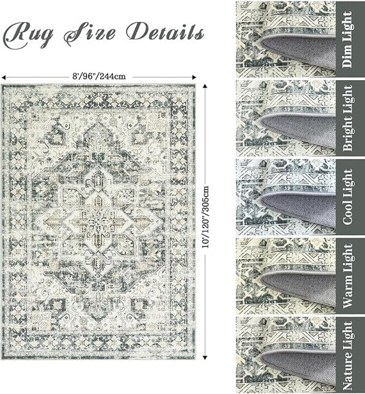 zesthome 8x10 Area Rugs-Washable Rug for Living Room, Non-Slip Backing Rugs, Stain Resistant 8x10 Rug for Bedroom, Ultra-Thin Low Pile Rugs, Vintage Large Home Decor