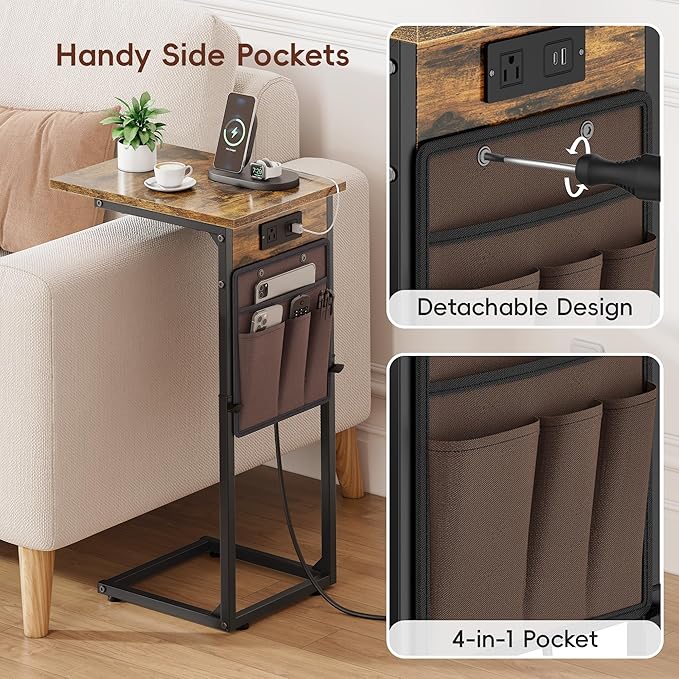 Vagusicc C Shaped End Table with Charging Station, Adjustable Height Side Table for Couch, Small Sofa Table with Storage Bag, Slide Under Sofa TV Tray Snack Arm Tables for Living Room, Bedroom, Brown