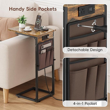 Vagusicc C Shaped End Table with Charging Station, Adjustable Height Side Table for Couch, Small Sofa Table with Storage Bag, Slide Under Sofa TV Tray Snack Arm Tables for Living Room, Bedroom, Brown