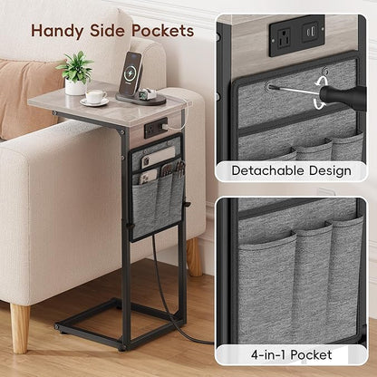 VAGUSICC C Shaped End Table with Charging Station, Adjustable Height Side Table for Couch Recliner, Small Sofa Table with Storage Bag, Slide Under Sofa TV Tray Arm Table for Living Room, Bedroom, Gray