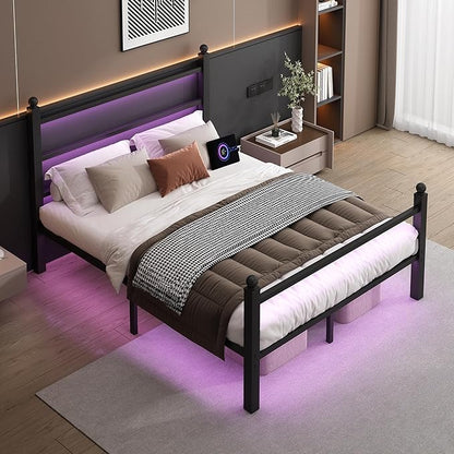 Queen Bed Frame with Headboard and Footboard,Steel Slats Support-LED Bed Frame with USB Charging Station,Mattress Foundation-Under Bed Storage,No Box Spring Needed,Noise Free,Black