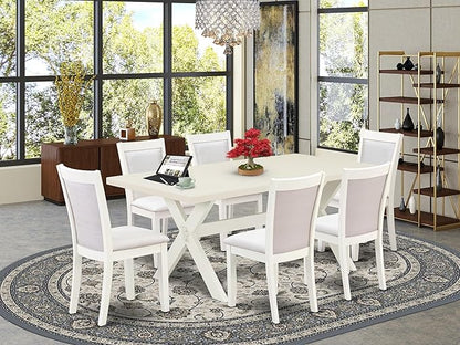 East West Furniture X027MZ001-7 7 Piece Modern Dining Table Set Consist of a Rectangle Wooden Table with X-Legs and 6 Cream Linen Fabric Parson Dining Chairs, 40x72 Inch, Multi-Color