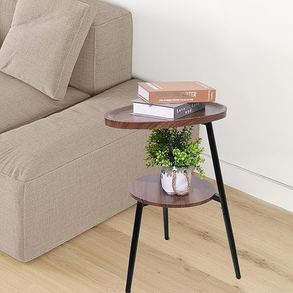 Side Table Small End Table, Oval & Round Wood Sofa Table, 2-Tier Accent Table Nightstand Bedside Table with Metal Frame for Living Room, Bedroom, Small Spaces (Rustic Brown)