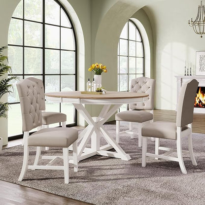 SogesPower 5-Piece Round Farmhouse Retro Dining Table Set for 4, Space-Saving Kitchen Table Set with Extendable Table and 4 Upholstered Chairs for Dining Room Living Room,Oak Natural Wood