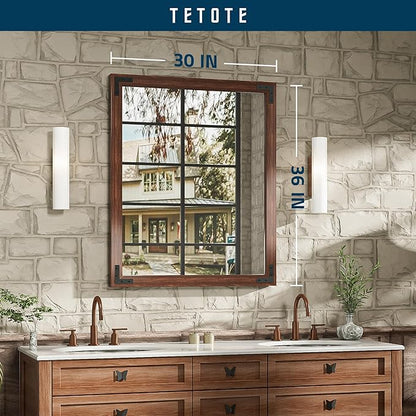 TETOTE 30 x 36 Walnut Wooden Mirror for Bathroom Wall/Bedroom/Living Room/Entryway Farmhouse Rustic Bathroom Vanity Mirror Brown Waterproof (Horizontal/Vertical Mounted)