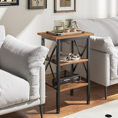 VECELO End Table Set of 2, Bedside Table, 24" Tall Living Room End Tables, X-Design Reinforced Nightstands, Side Table with 3-Tier Storage Shelves for Small Spaces, Office, Bedroom, Rustic Brown