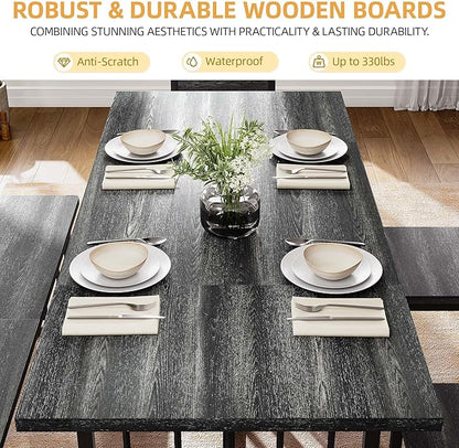 DWVO 63 Inch Dining Table Set for 6-8 People 6-Piece Large Kitchen Table Set with 2 Benches and 4 Chairs Farmhouse Rectangular Dining Room Table for Kitchen Dining Room Apartment Dark Grey