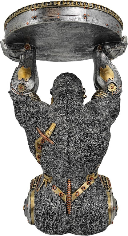 Steampunk Gorilla Side Table Pedestal End Table Stool Resin Cyborg Monkey Sci-fi Statue Sculpture Hand Painted Collectible Figurine with Cool Gear for Home Man Cave Decor Silver