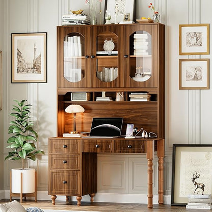 Merax 47'' Executive Desk with Charging Station and Hutch, Home Office Desk with 5 Drawers and Glass-Door Bookshelf, Retro Computer Desk for Study, Bedroom Office Furniture, Walnut