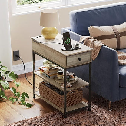 WLIVE Narrow Side Table with 2 USB Ports and 2 Outlets, Flip Top End Table with Drawer and Storage Shelves, End Stand with Charging Station for Living Room, Bedroom, Small Spaces, Greige