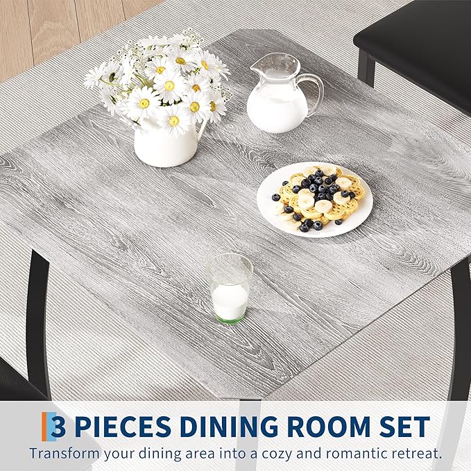 Small Dining Table Set for 2,3-Piece Kitchen Table Set with Thick Wood Grain Tabletop & 2 Upholstered Chairs & Metal Frame, Compact Table Set for Small Spaces, Kitchens & Dining Rooms (Grey)