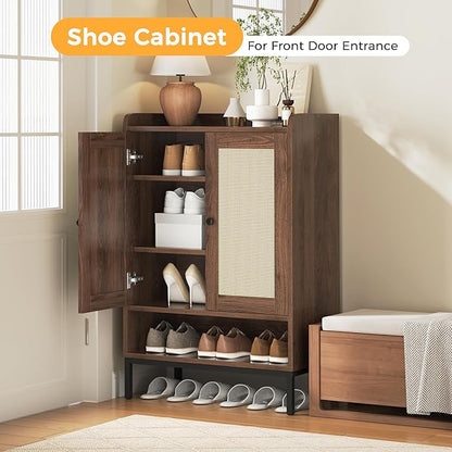 Rattan Shoe Cabinet Storage for Entryway, Shoe Cabinet with Adjustable Shelves for Entryway, 5-Tier, 20 Pair Shoe Rack Storage for Hallway, Closet, Living Room, Brown