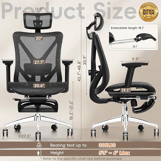 GABRYLLY Ergonomic Office Chair with Adjustable Lumbar Support, 3D Armrests & Headrest, 135° Reclining Chair with Footrest & Large Steel Base,300LBS Swivel Desk Chair(GYMN01)