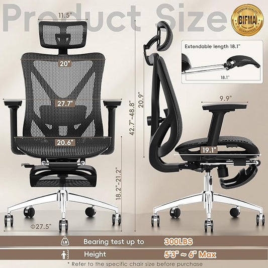 GABRYLLY Ergonomic Office Chair with Adjustable Lumbar Support, 3D Armrests & Headrest, 135° Reclining Chair with Footrest & Large Steel Base,300LBS Swivel Desk Chair(GYMN01)