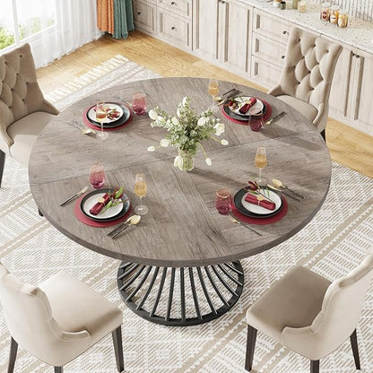 Tribesigns Round Dining Table, 47-Inch Farmhouse Dinning Room Table, Industrial Dinner Table with Metal Base, Grey