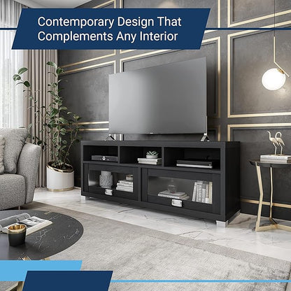 Techni Mobili TV Stand for 55+ Inch TV - Durbin Entertainment Center for 65 Inch TV - Living Room & Media Furniture with Glass Storage Cabinet Drawers, Shelves, & Cable Management Opening - Black