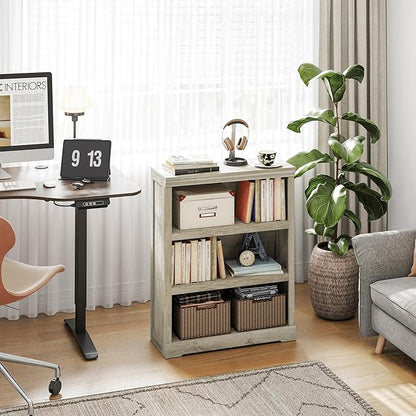 LINSY HOME 3-Tier Bookcase and Bookshelf, Small Wood Display Storage Shelves Farmhouse Bookshelf for Home Office, Living Room, Bed Room - Washed Grey